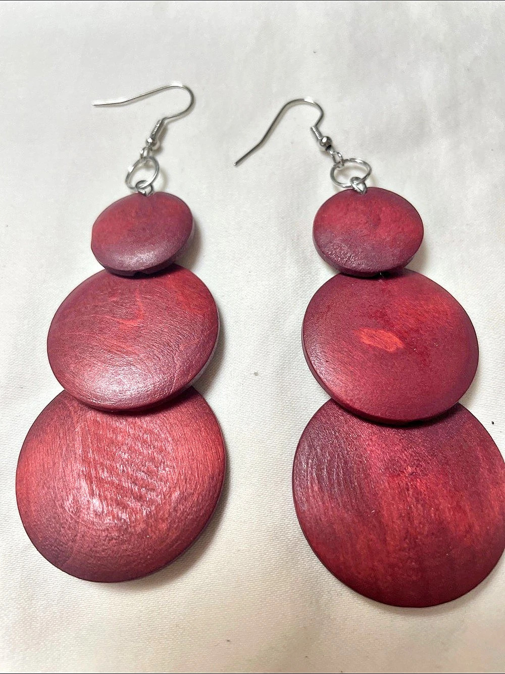 Red Wood Layered Drop Earrings 3” Silver Hook